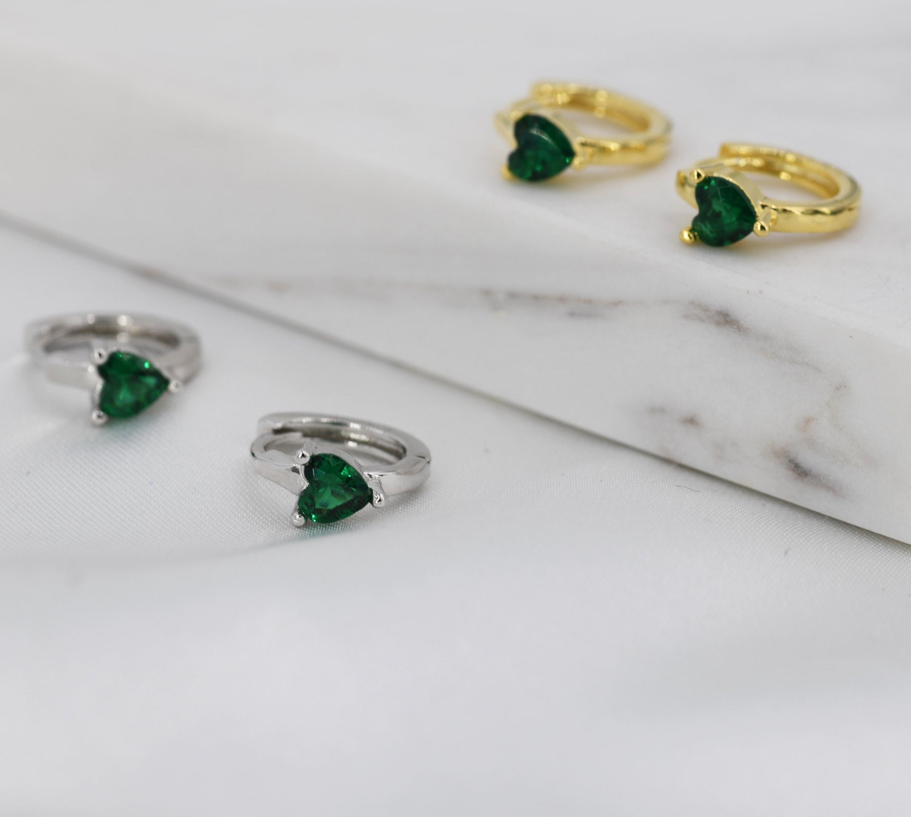 Emerald Green Heart CZ Huggie Hoop in Sterling Silver, Silver or Gold, 8mm Inner Diameter, Stacking Earrings