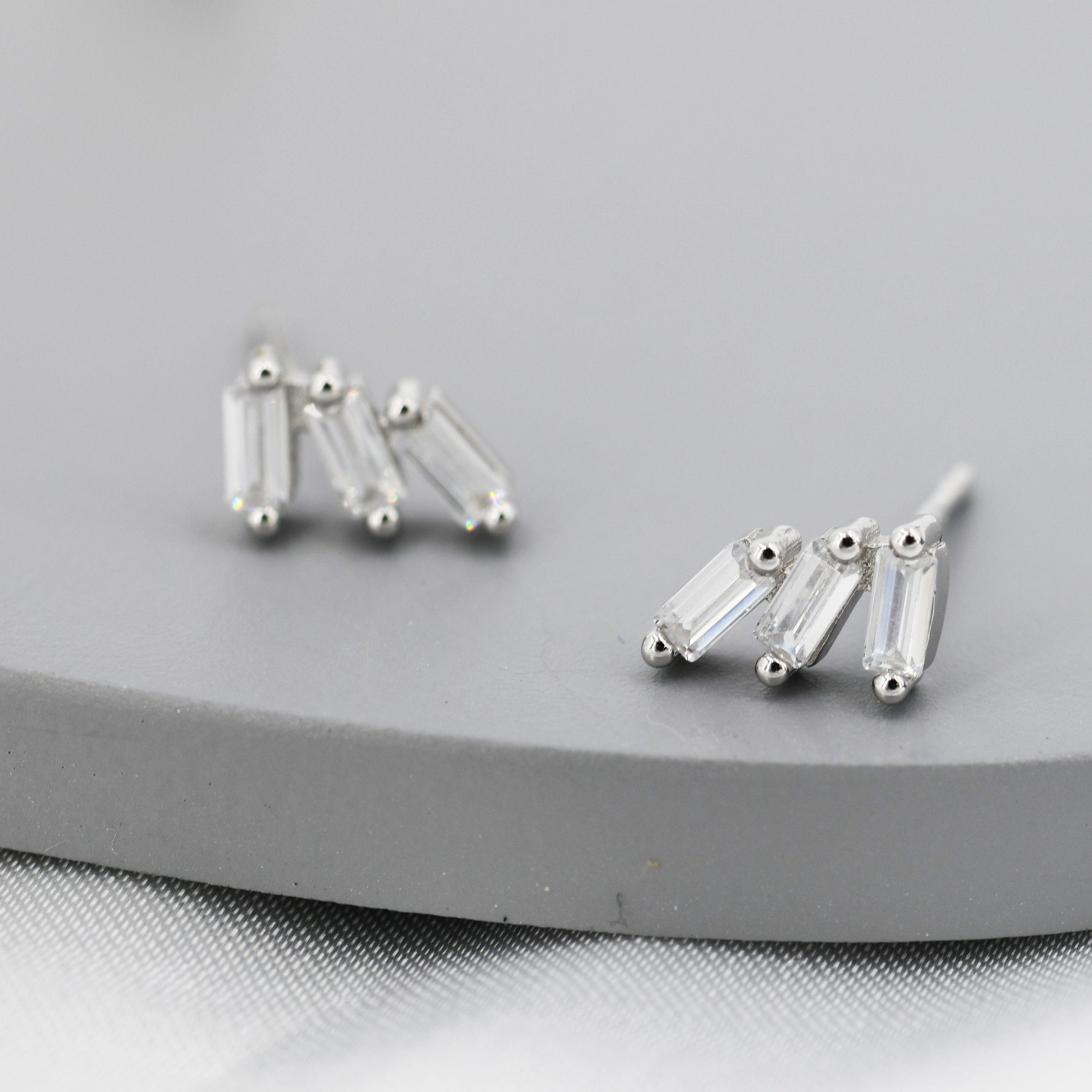 Baguette CZ Trio Stud Earrings in Sterling Silver, Silver or Gold, Irregular Shaped CZ Cluster Earrings, Stacking Earrings
