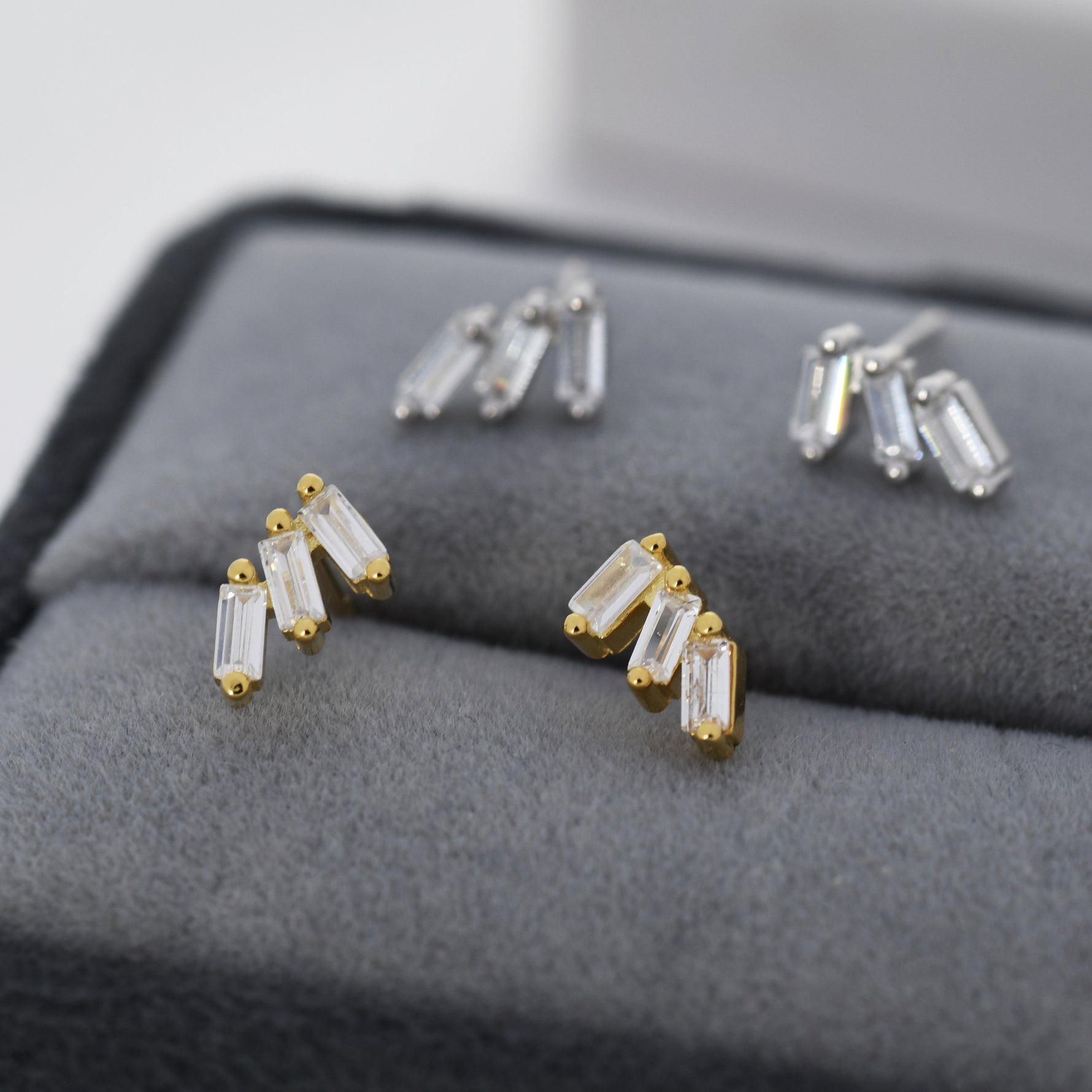 Baguette CZ Trio Stud Earrings in Sterling Silver, Silver or Gold, Irregular Shaped CZ Cluster Earrings, Stacking Earrings