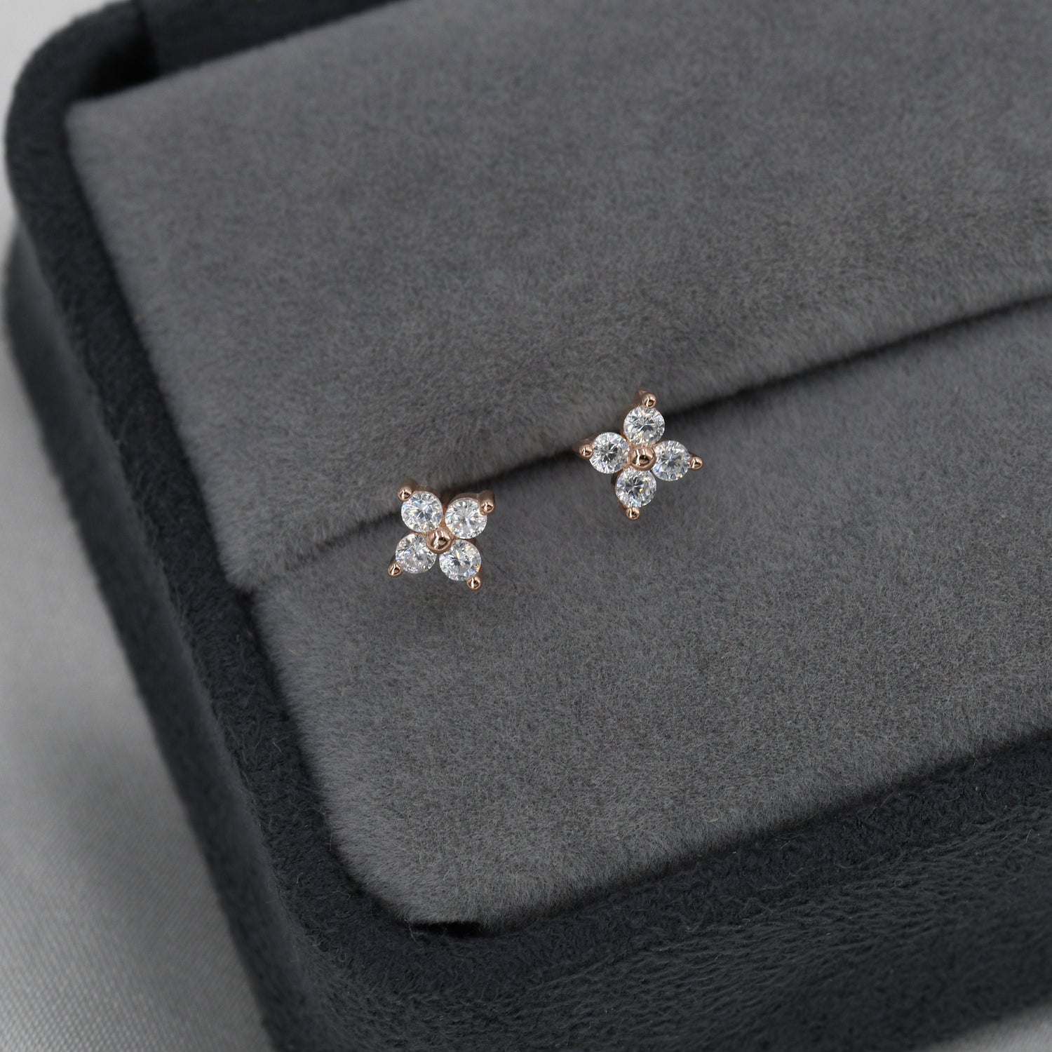 CZ Flower Stud Earrings in Sterling Silver, Rose Gold Over Sterling Silver, Hydrangea Flower Earrings, Four CZ Earrings