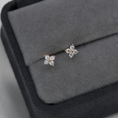 CZ Flower Stud Earrings in Sterling Silver, Rose Gold Over Sterling Silver, Hydrangea Flower Earrings, Four CZ Earrings