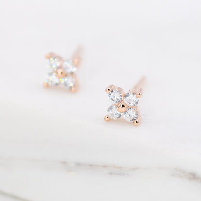 CZ Flower Stud Earrings in Sterling Silver, Rose Gold Over Sterling Silver, Hydrangea Flower Earrings, Four CZ Earrings