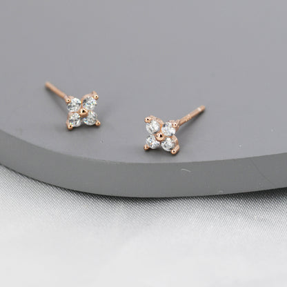 CZ Flower Stud Earrings in Sterling Silver, Rose Gold Over Sterling Silver, Hydrangea Flower Earrings, Four CZ Earrings