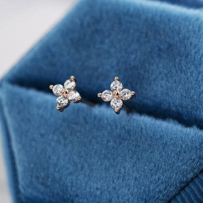 CZ Flower Stud Earrings in Sterling Silver, Rose Gold Over Sterling Silver, Hydrangea Flower Earrings, Four CZ Earrings