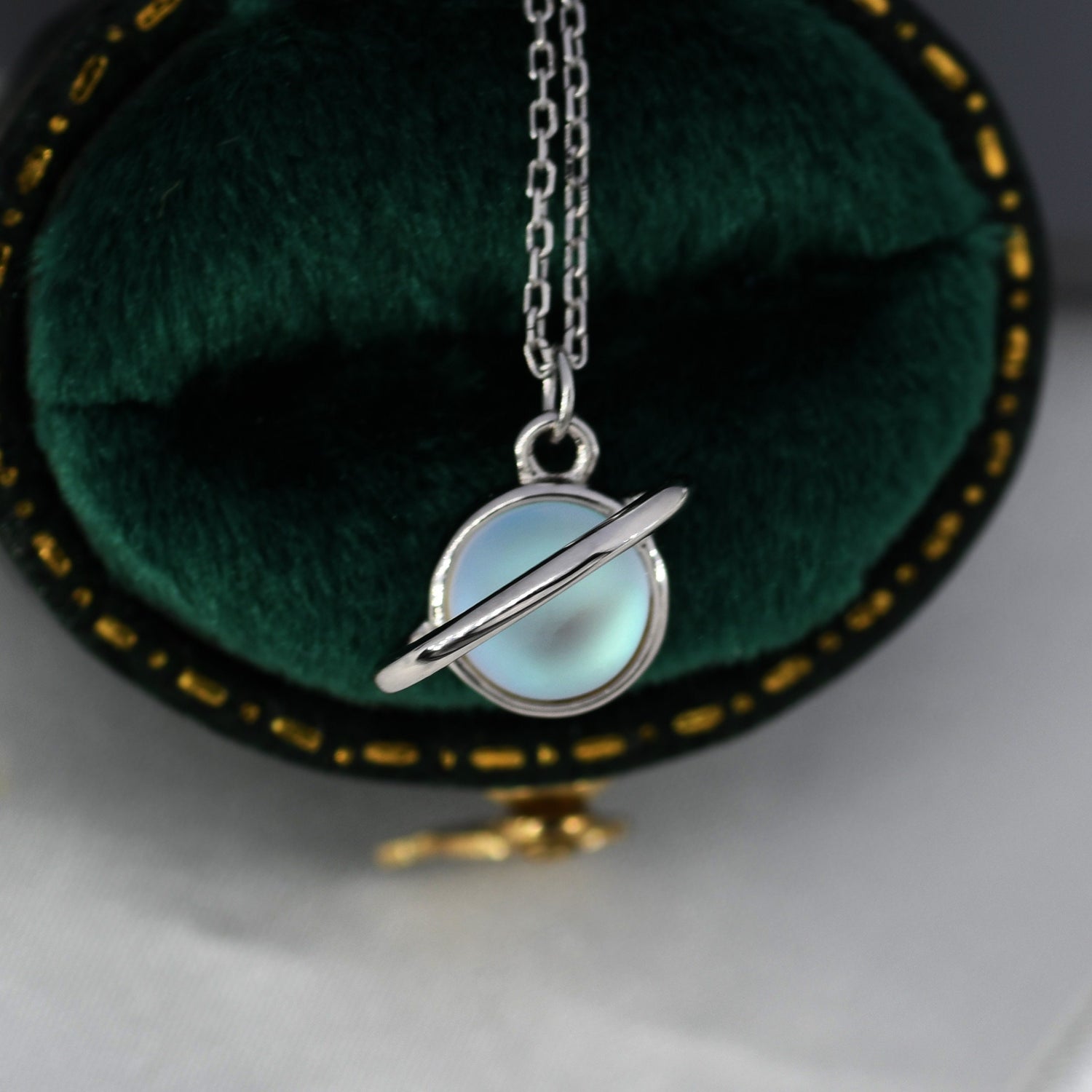 Planet Necklace in Sterling Silver with Simulated Moonstone, Saturn Necklace, Space Necklace