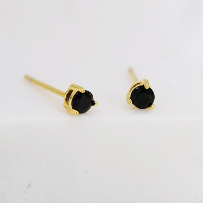 Tiny Black Diamond CZ Stud Earrings in Sterling Silver, Silver or Gold, 3mm CZ, Diamond Stud, Three Prong CZ Earrings