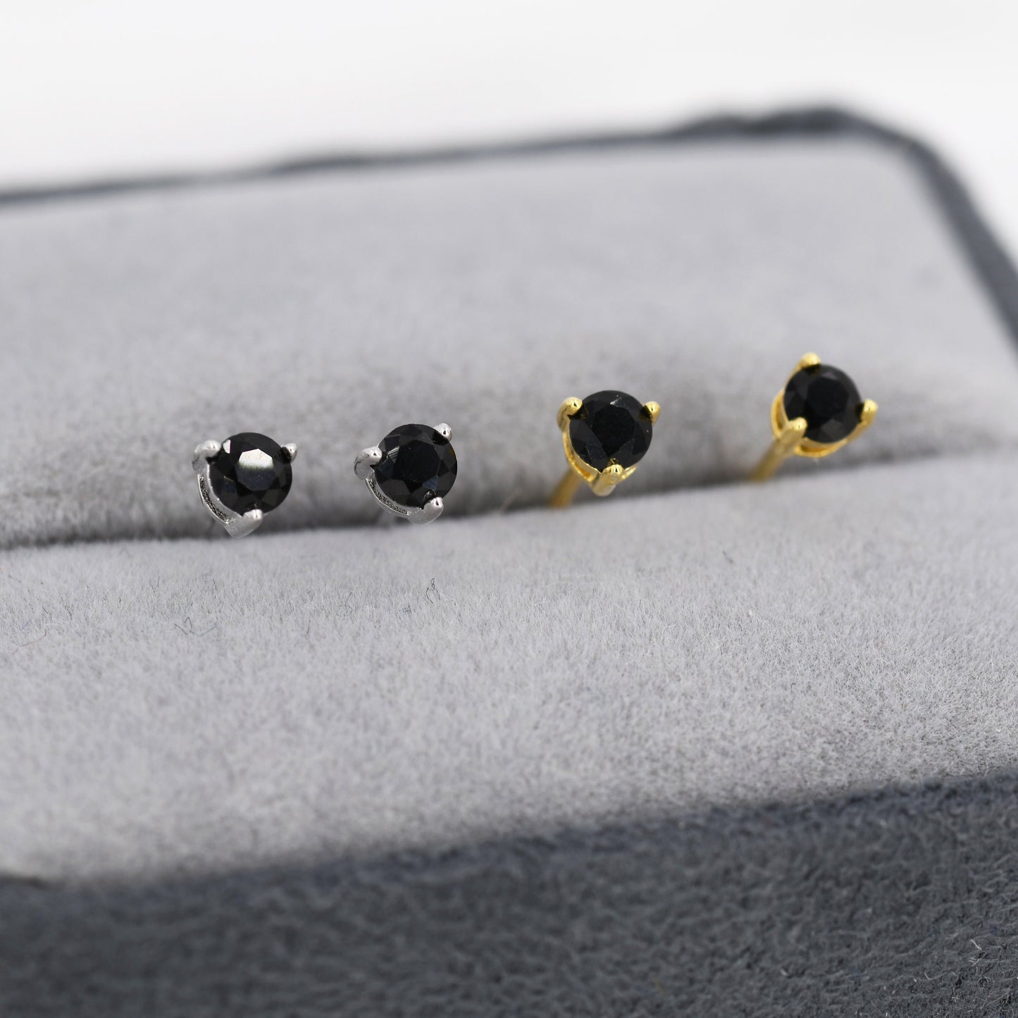 Tiny Black Diamond CZ Stud Earrings in Sterling Silver, Silver or Gold, 3mm CZ, Diamond Stud, Three Prong CZ Earrings