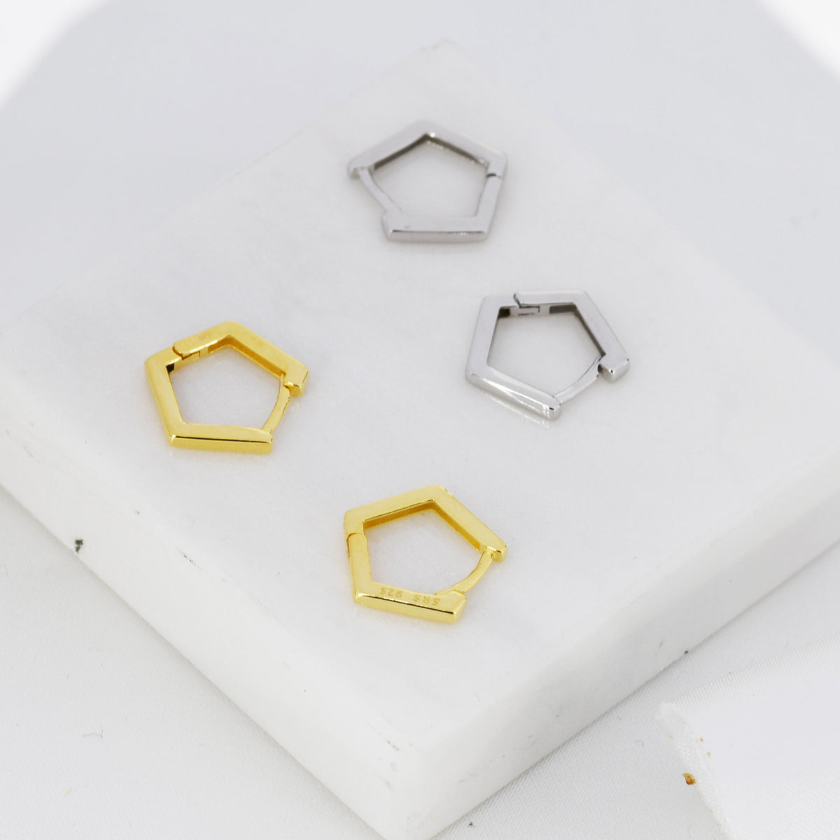 Sterling Silver Pentagon Huggie Hoop Earrings, Silver or Black, Silver or Gold, Geometric Design, Classic and Elegant Jewellery