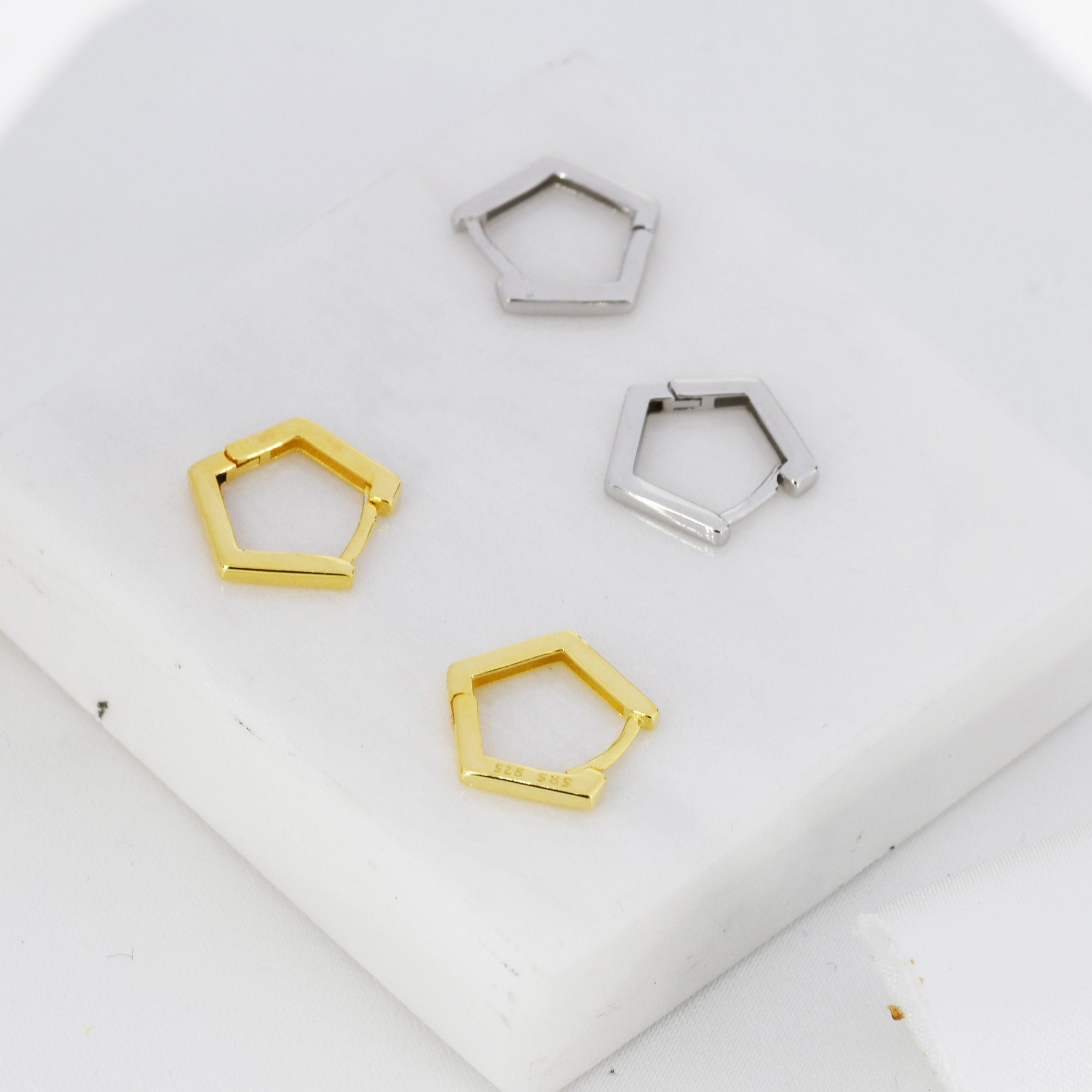 Sterling Silver Pentagon Huggie Hoop Earrings, Silver or Black, Silver or Gold, Geometric Design, Classic and Elegant Jewellery