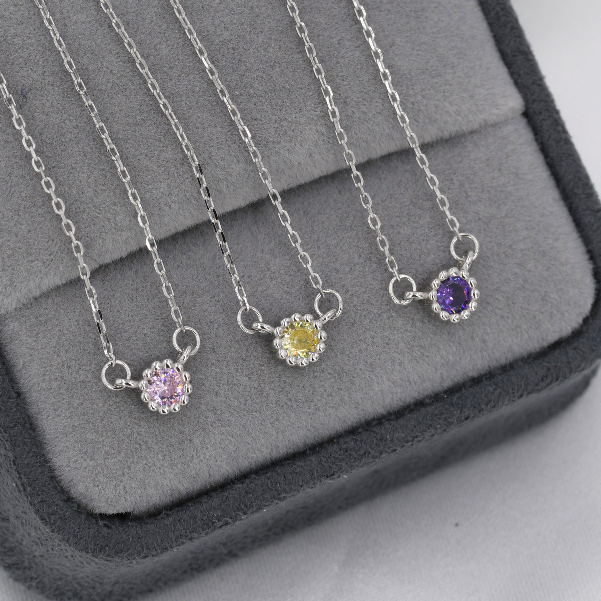 Sterling Silver Tiny Birthstone Necklace with CZ Crystals, Silver, Gold or Rose Gold, 3mm Extra Tiny CZ Necklace