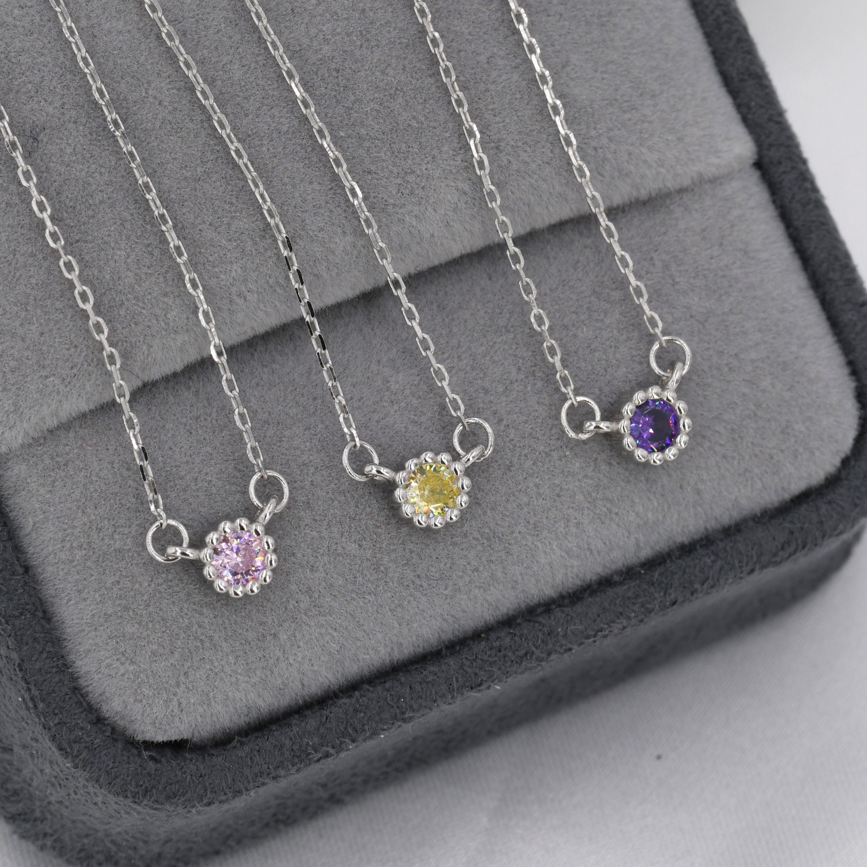 Sterling Silver Tiny Birthstone Necklace with CZ Crystals, Silver, Gold or Rose Gold, 3mm Extra Tiny CZ Necklace