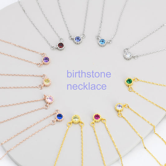 Sterling Silver Tiny Birthstone Necklace with CZ Crystals, Silver, Gold or Rose Gold,  3mm Extra Tiny CZ Necklace