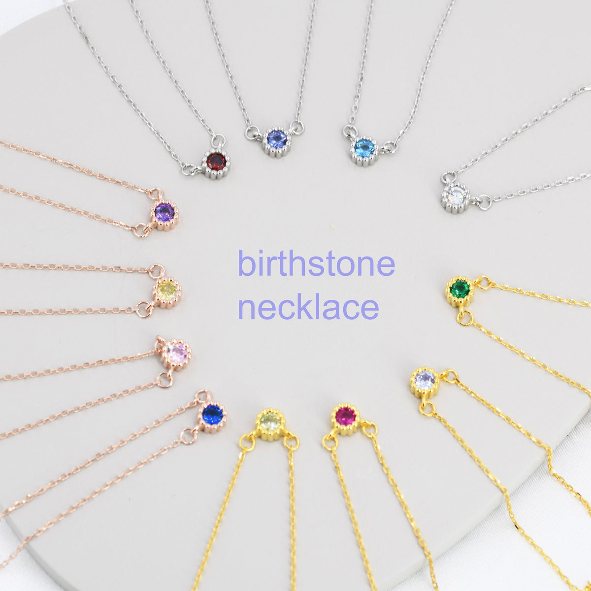 Sterling Silver Tiny Birthstone Necklace with CZ Crystals, Silver, Gold or Rose Gold, 3mm Extra Tiny CZ Necklace