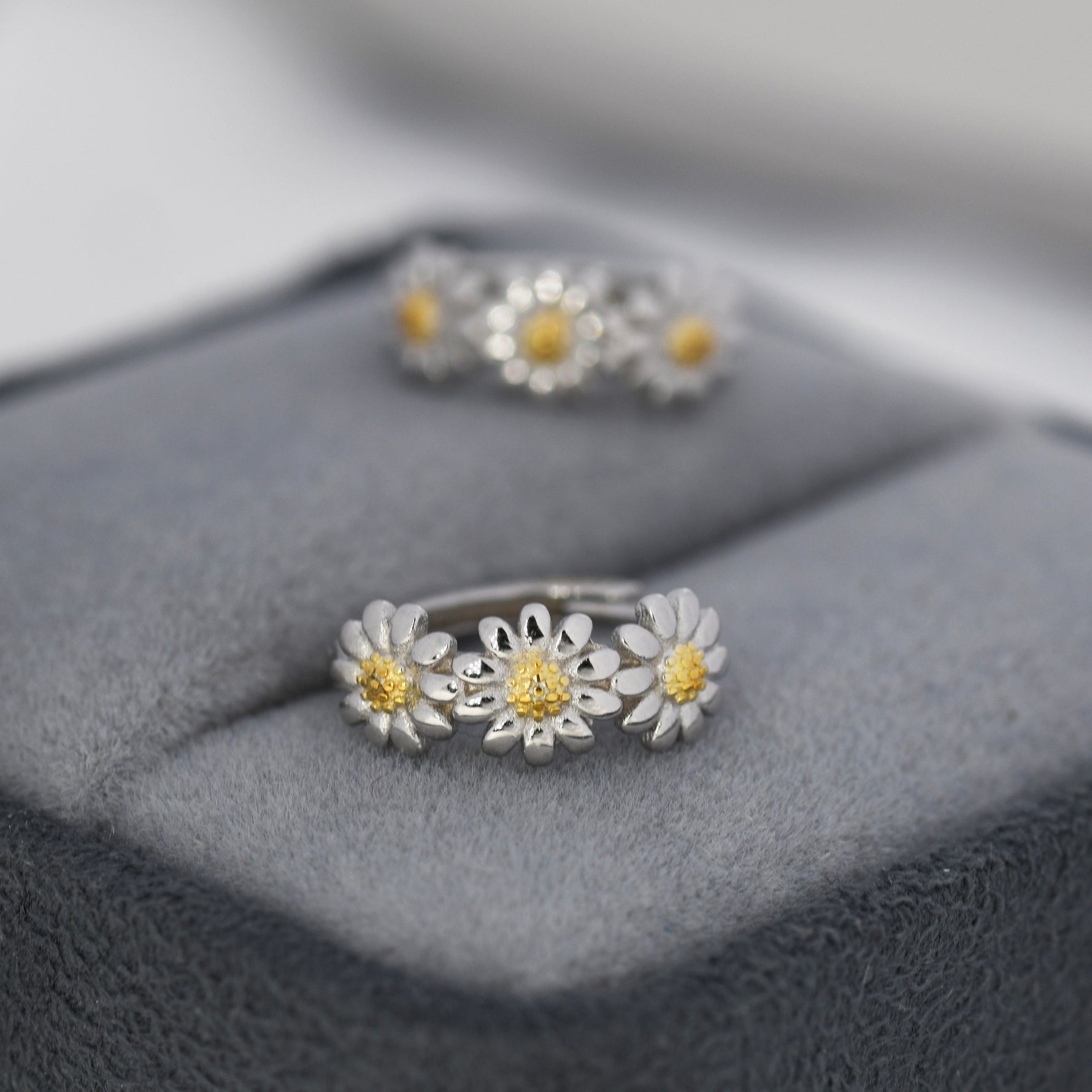 Daisy Flower Chain Huggie Hoop in Sterling Silver, Partial Gold, Flower hoop Earrings, Floral Earrings, 10mm Inner Diameter