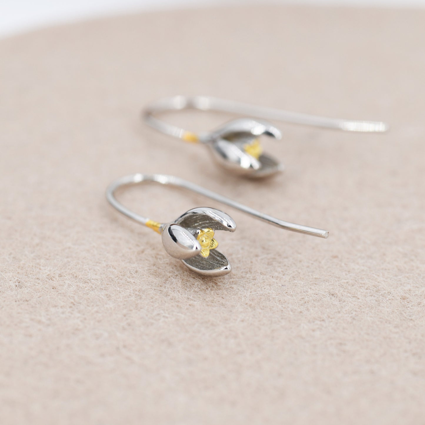 Snowdrop Flower Drop Earrings in Sterling Silver, Silver and Gold, Nature Inspired Flower Earrings, January Birth Flower, Botanical