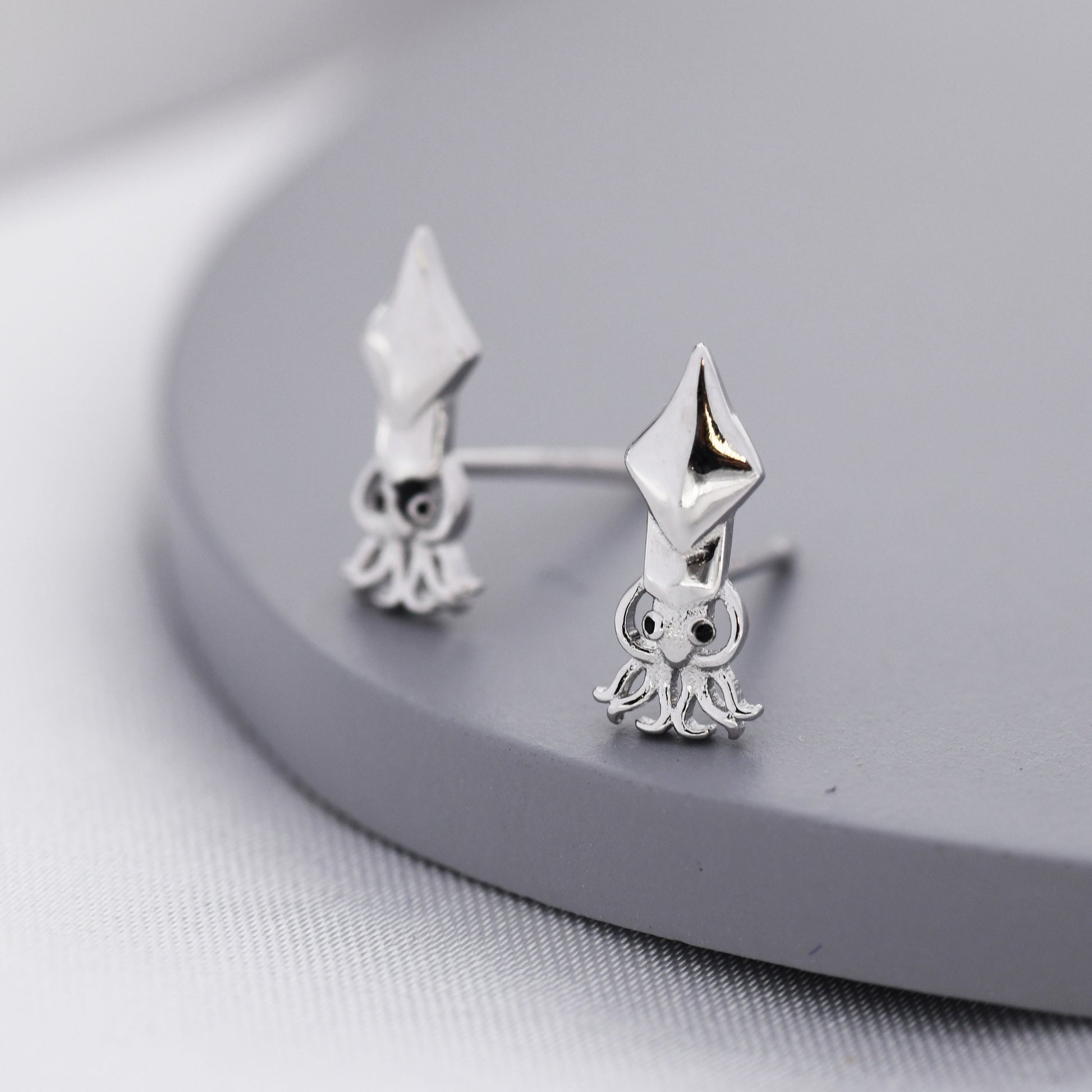 Squid Stud Earrings in Sterling Silver, Squid Fish Earrings, Nature Inspired Animal Earrings, Ocean Animal
