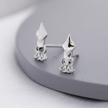 Squid Stud Earrings in Sterling Silver, Squid Fish Earrings, Nature Inspired Animal Earrings, Ocean Animal