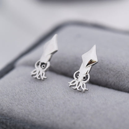 Squid Stud Earrings in Sterling Silver, Squid Fish Earrings, Nature Inspired Animal Earrings, Ocean Animal