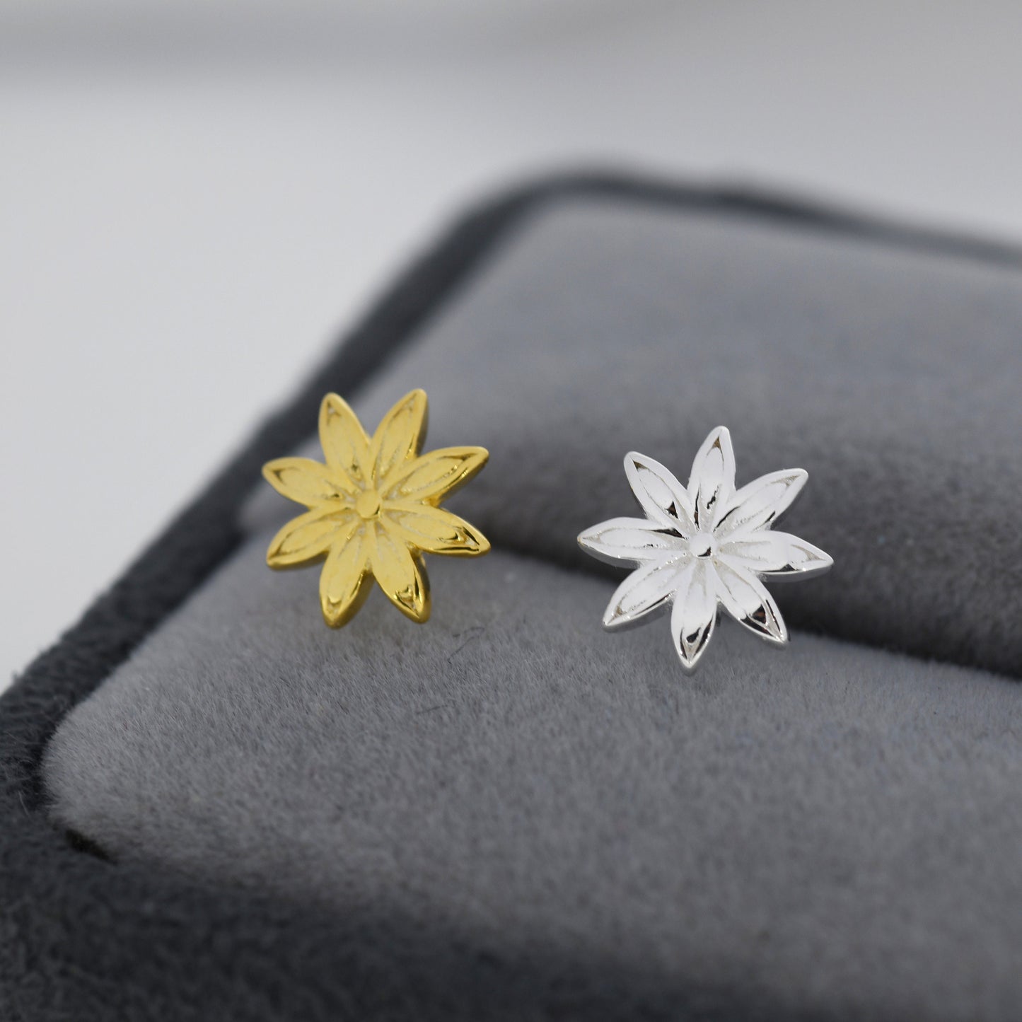 Star Anise Stud Earrings in Sterling Silver, Silver or Gold, Flower Earrings