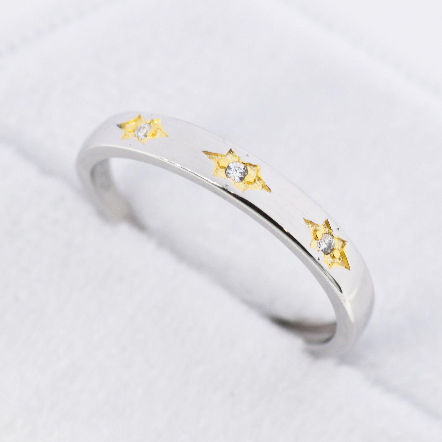 Starburst Ring in Sterling Silver, Adjustable Ring, CZ Star Ring, North Star Ring Band