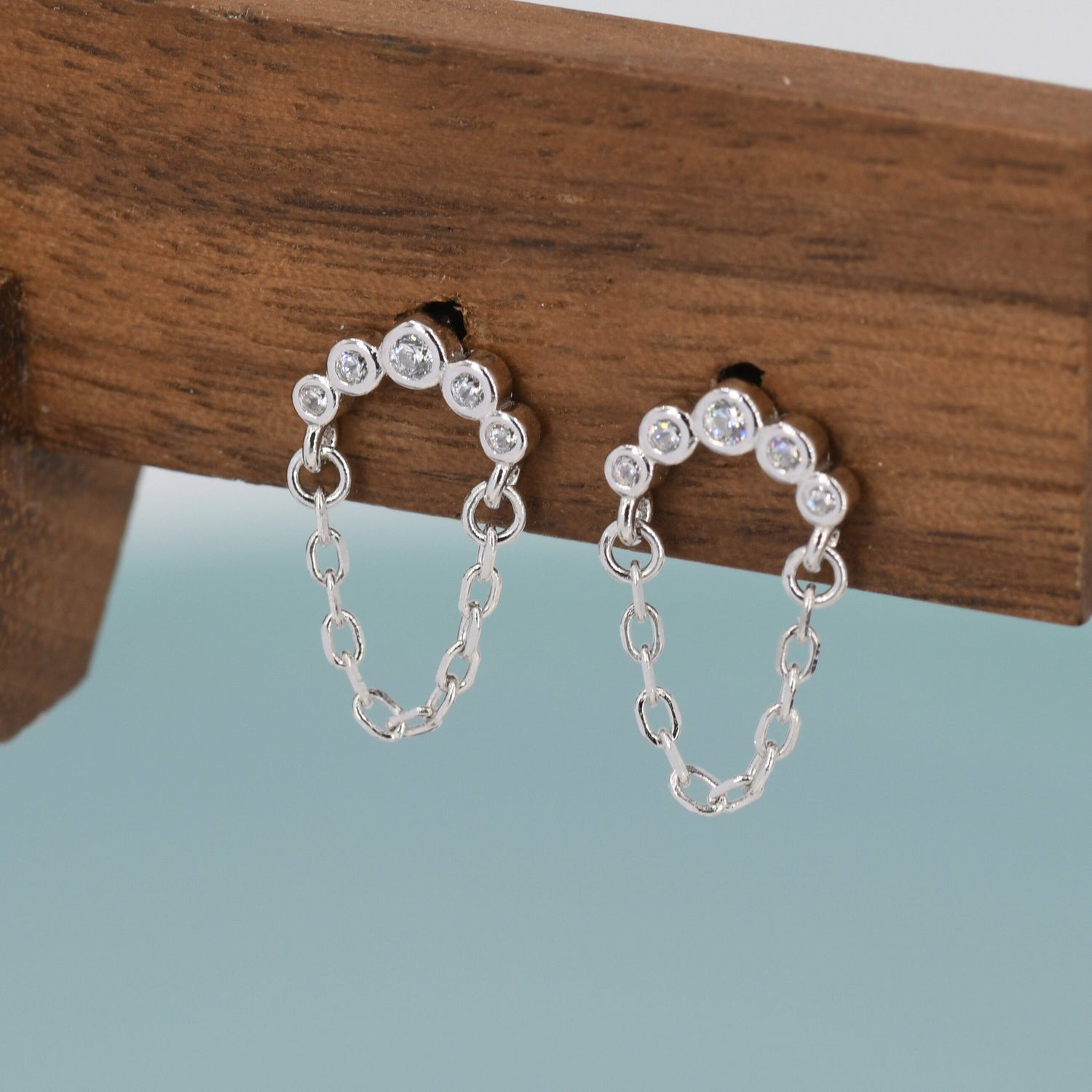 CZ Curved Bar Chained Stud Earrings in Sterling Silver, Silver, Gold or Rose Gold,  Dangle Chain Earrings, Single Piercing