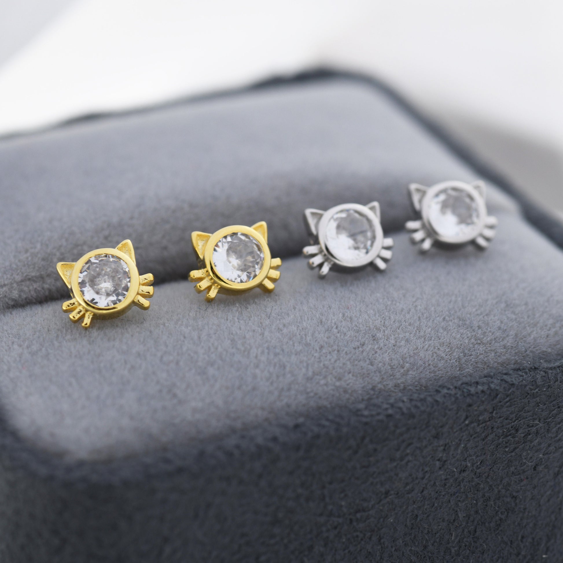 CZ Cat Stud Earrings in Sterling Silver, Silver or Gold, Cat Lover Earrings, Minimalist Cat Earrings, Nature Inspired Animal Earrings