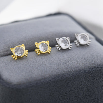 CZ Cat Stud Earrings in Sterling Silver, Silver or Gold, Cat Lover Earrings, Minimalist Cat Earrings, Nature Inspired Animal Earrings