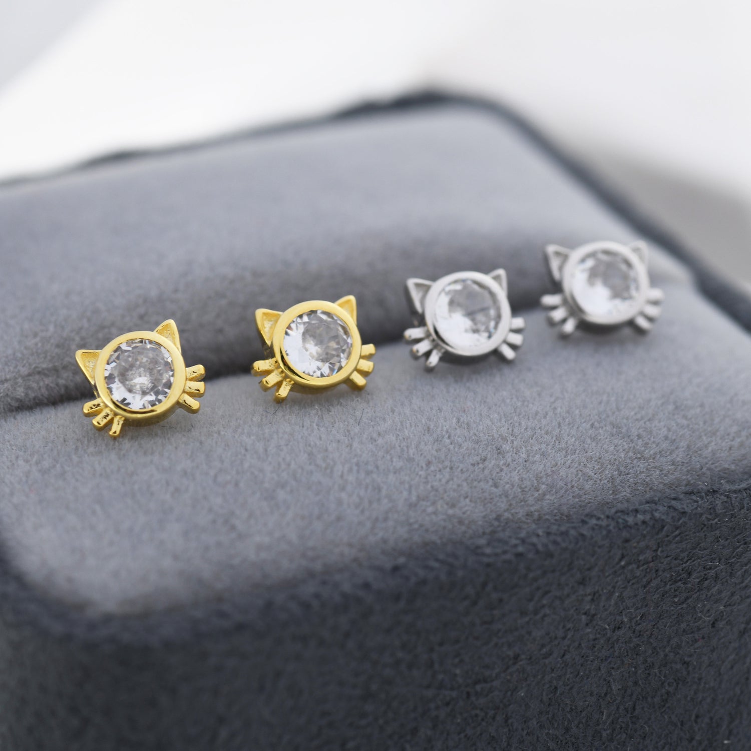 CZ Cat Stud Earrings in Sterling Silver, Silver or Gold, Cat Lover Earrings, Minimalist Cat Earrings, Nature Inspired Animal Earrings