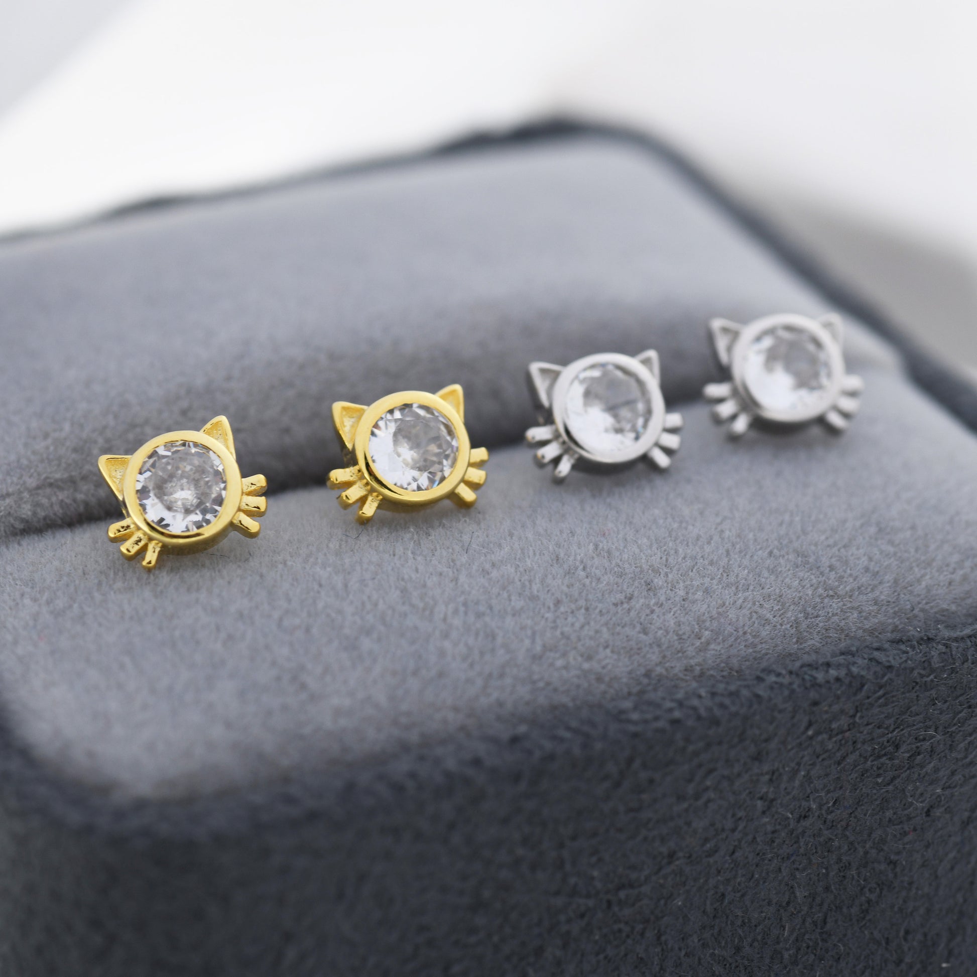 CZ Cat Stud Earrings in Sterling Silver, Silver or Gold, Cat Lover Earrings, Minimalist Cat Earrings, Nature Inspired Animal Earrings