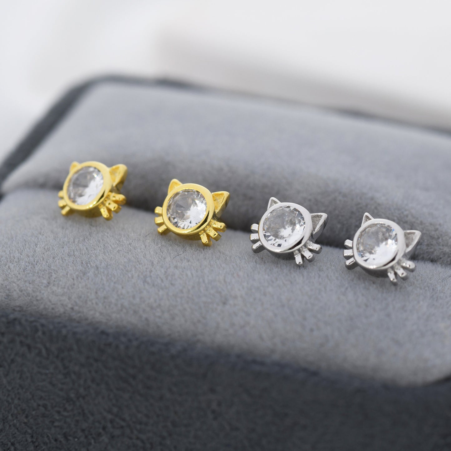 CZ Cat Stud Earrings in Sterling Silver, Silver or Gold, Cat Lover Earrings, Minimalist Cat Earrings, Nature Inspired Animal Earrings