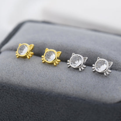 CZ Cat Stud Earrings in Sterling Silver, Silver or Gold, Cat Lover Earrings, Minimalist Cat Earrings, Nature Inspired Animal Earrings