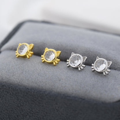 CZ Cat Stud Earrings in Sterling Silver, Silver or Gold, Cat Lover Earrings, Minimalist Cat Earrings, Nature Inspired Animal Earrings