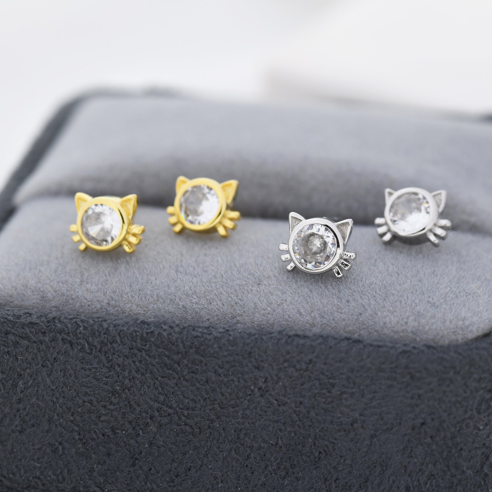 CZ Cat Stud Earrings in Sterling Silver, Silver or Gold, Cat Lover Earrings, Minimalist Cat Earrings, Nature Inspired Animal Earrings
