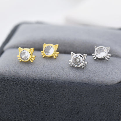 CZ Cat Stud Earrings in Sterling Silver, Silver or Gold, Cat Lover Earrings, Minimalist Cat Earrings, Nature Inspired Animal Earrings