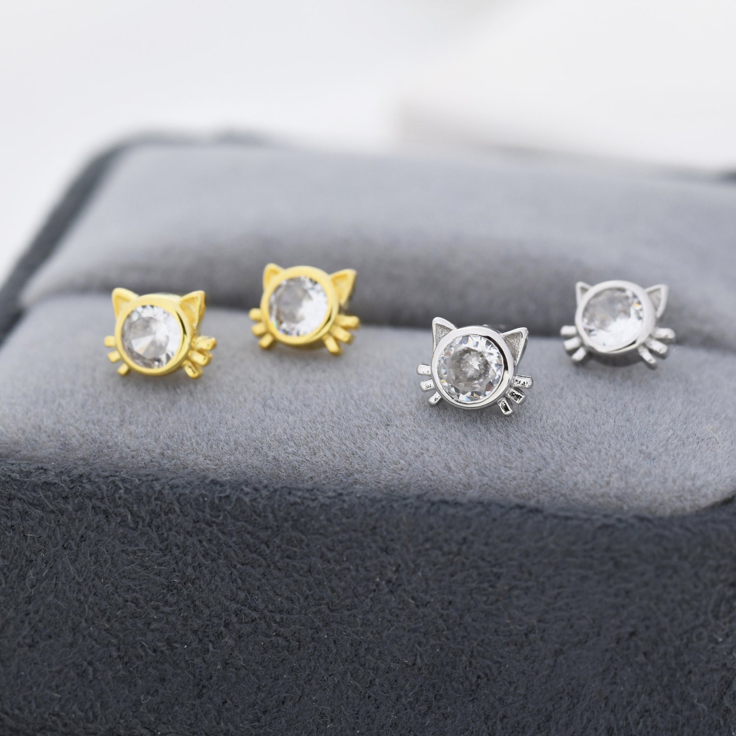 CZ Cat Stud Earrings in Sterling Silver, Silver or Gold, Cat Lover Earrings, Minimalist Cat Earrings, Nature Inspired Animal Earrings