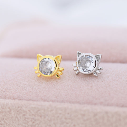 CZ Cat Stud Earrings in Sterling Silver, Silver or Gold, Cat Lover Earrings, Minimalist Cat Earrings, Nature Inspired Animal Earrings