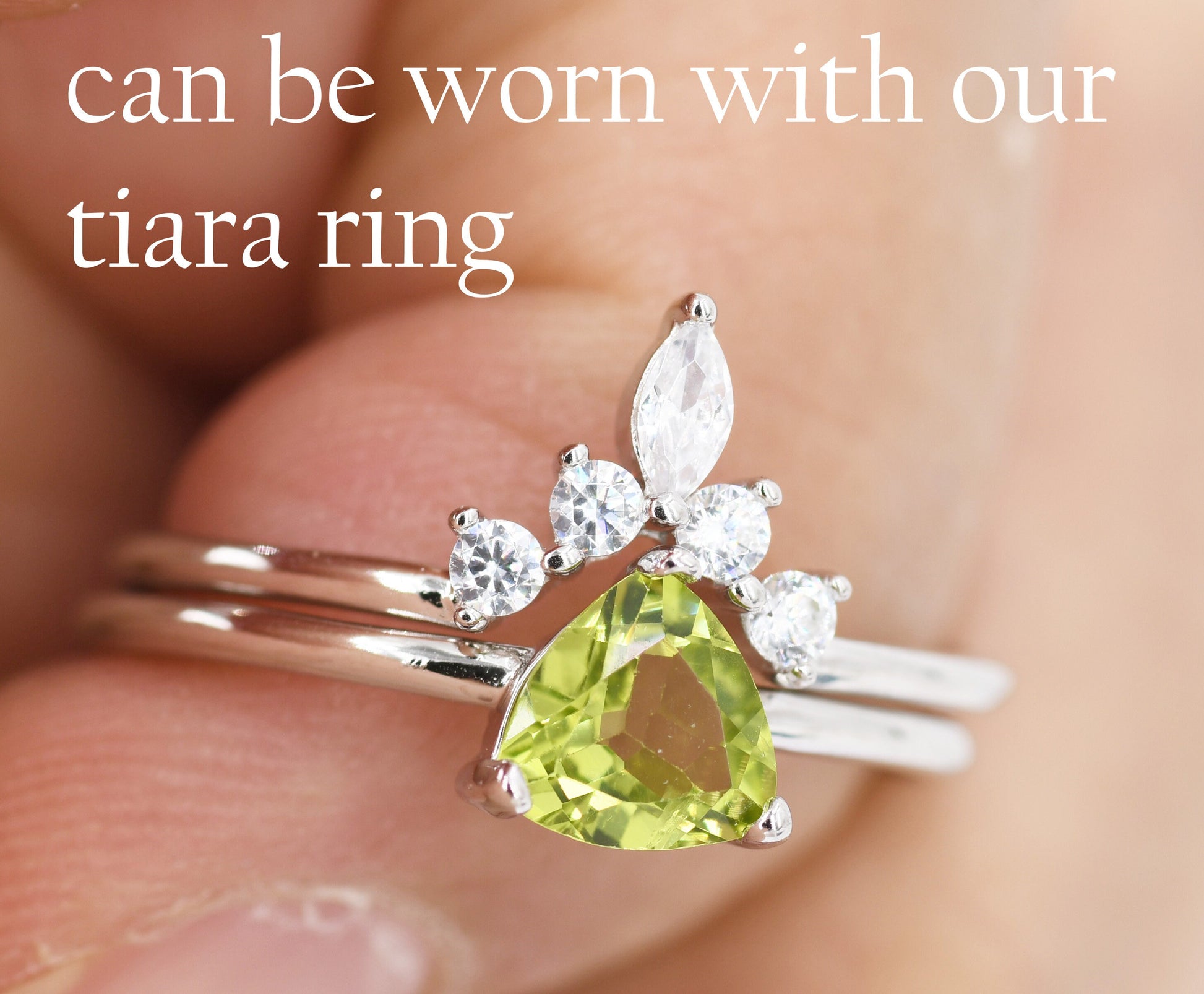 Genuine White Topaz Ring in Sterling Silver, Natural Trillion Cut Peridot Stone Ring, Stacking Rings, US 5-8