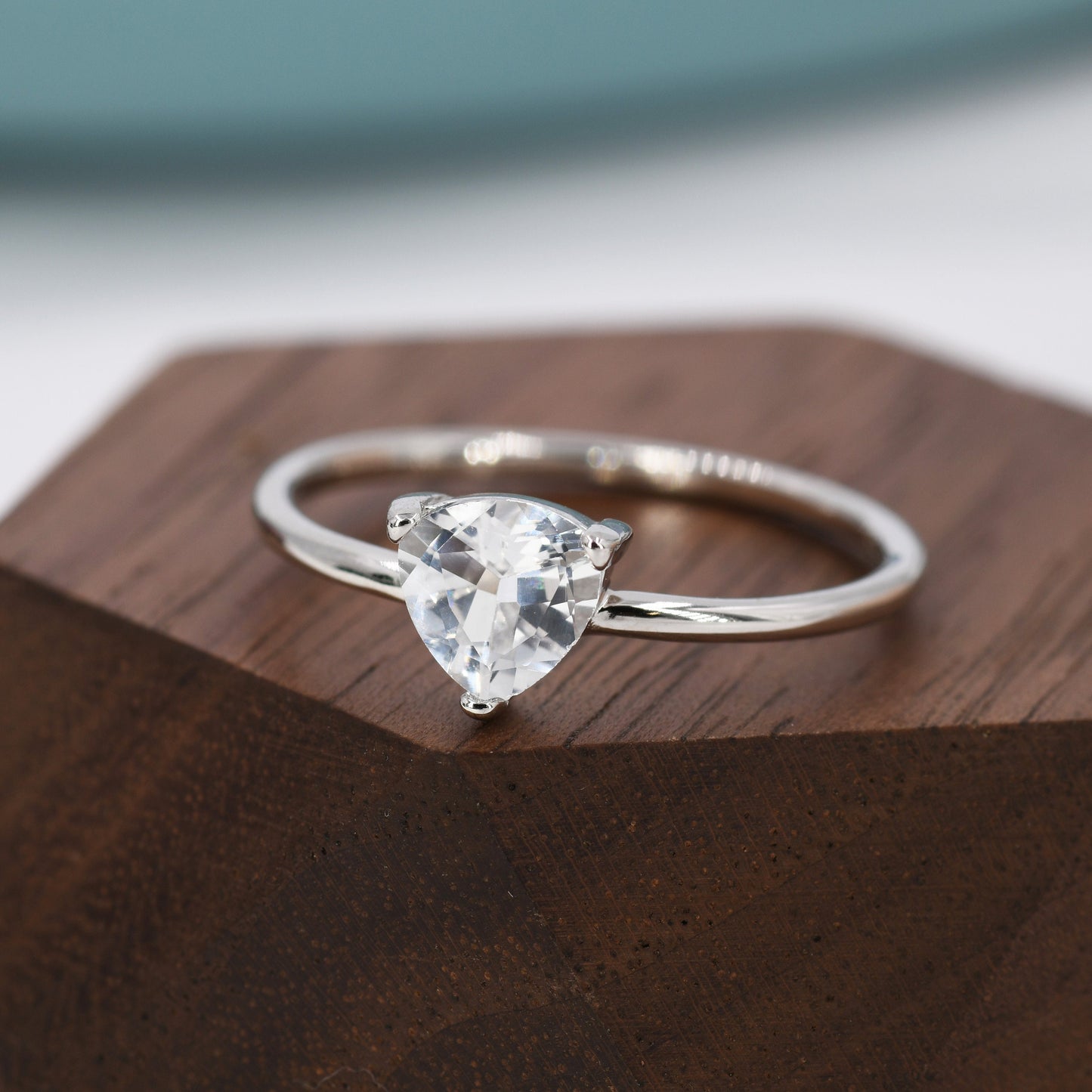 Genuine White Topaz Ring in Sterling Silver, Natural Trillion Cut Peridot Stone Ring, Stacking Rings, US 5-8