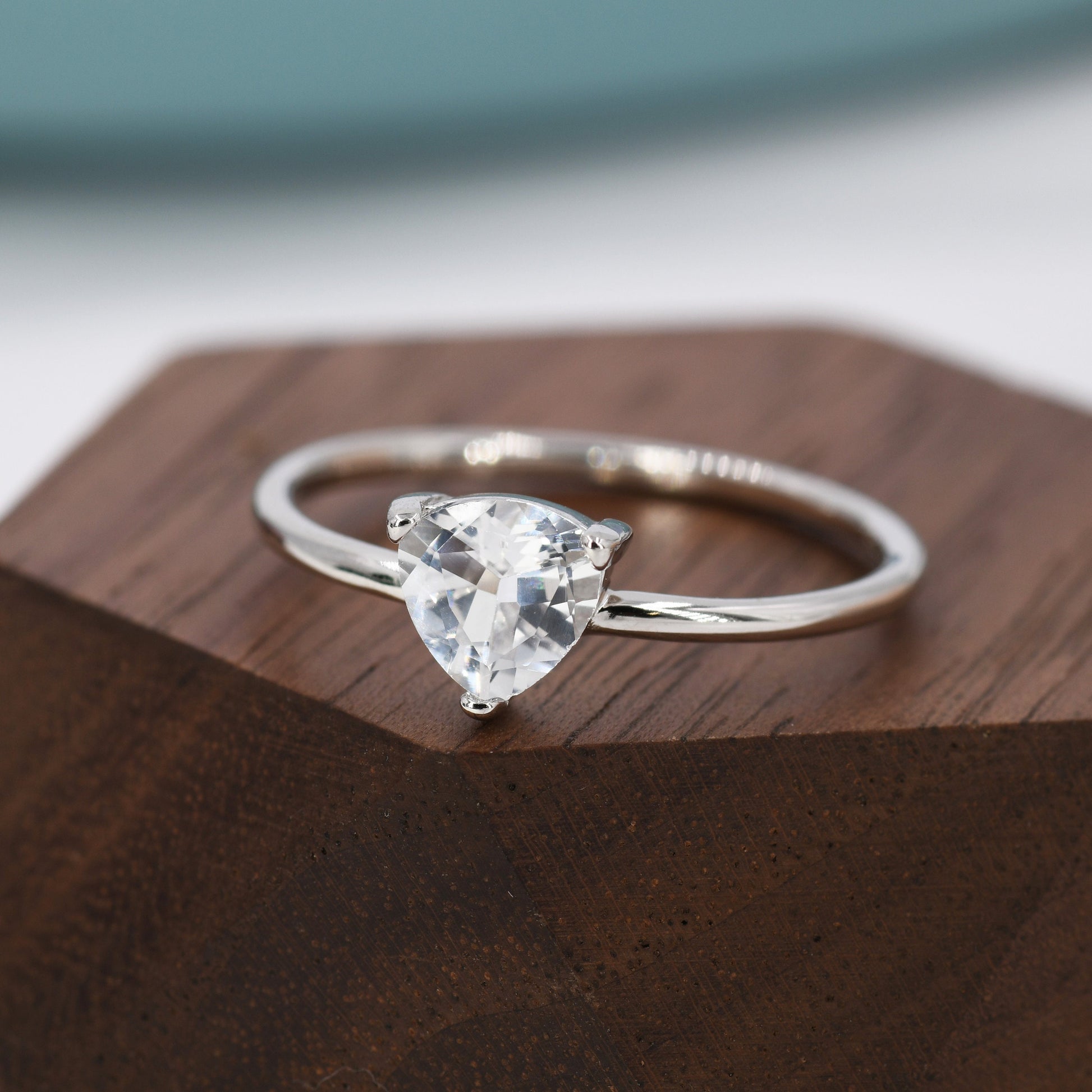 Genuine White Topaz Ring in Sterling Silver, Natural Trillion Cut Peridot Stone Ring, Stacking Rings, US 5-8