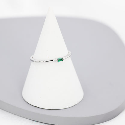 Emerald Green Baguette CZ Ring in Sterling Silver, Silver or Gold, Minimalist Single Baguette CZ Ring US 5 - 8