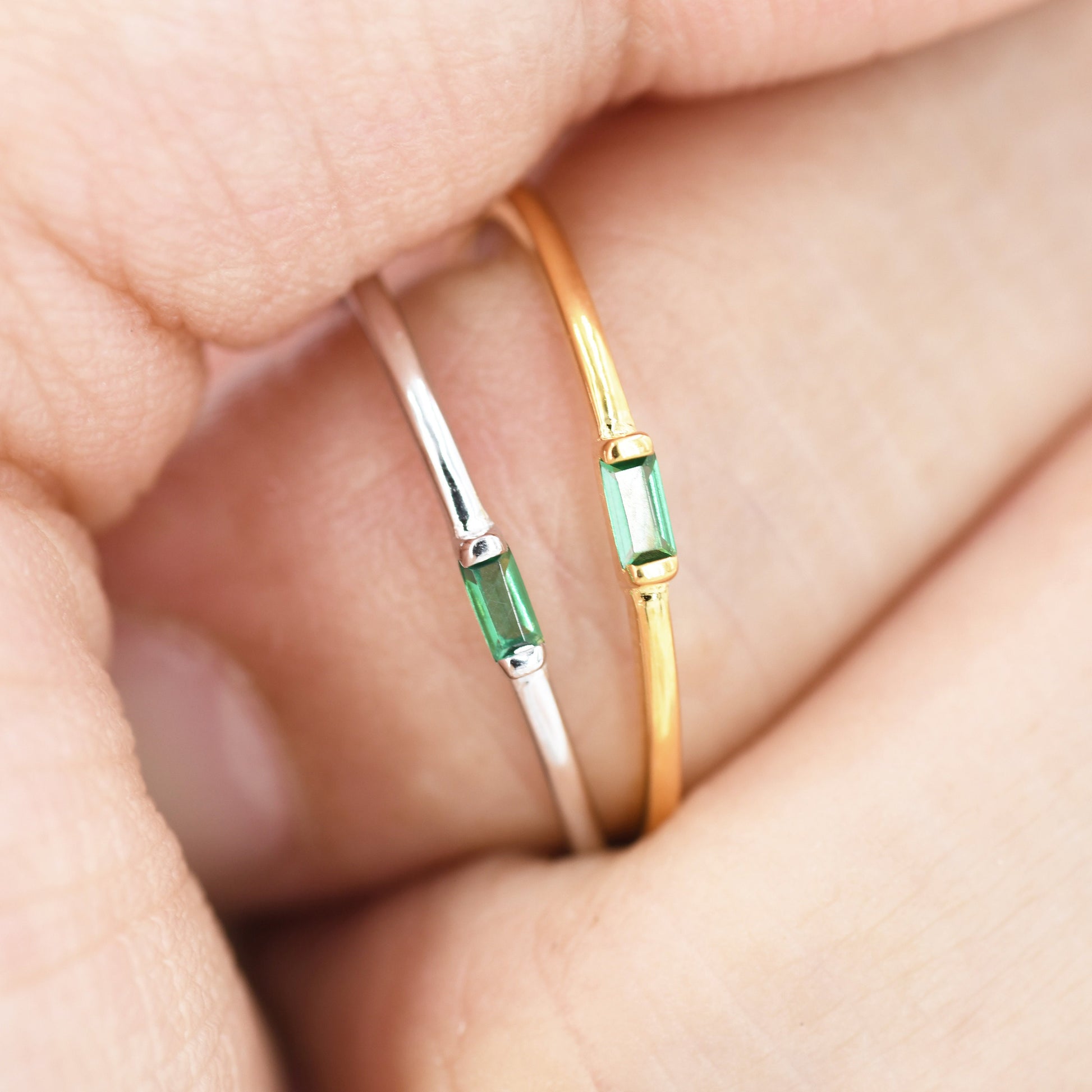 Emerald Green Baguette CZ Ring in Sterling Silver, Silver or Gold, Minimalist Single Baguette CZ Ring US 5 - 8