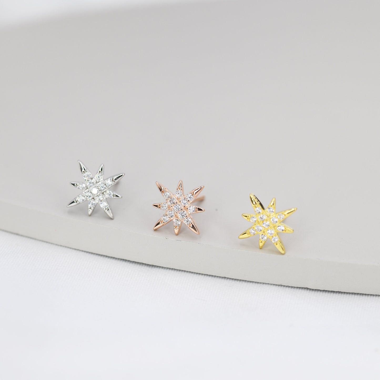 Starburst Stud Earrings in Sterling Silver with Sparkly CZ Crystals, North Star Earrings, Silver Gold and Rose Gold,  Celestial Jewellery