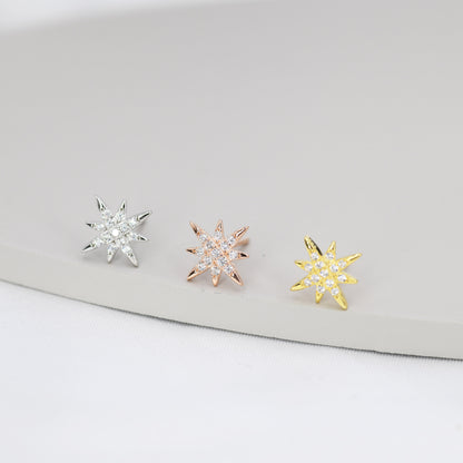 Starburst Stud Earrings in Sterling Silver with Sparkly CZ Crystals, North Star Earrings, Silver Gold and Rose Gold,  Celestial Jewellery