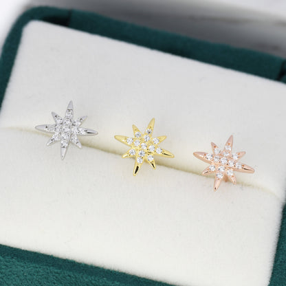 Starburst Stud Earrings in Sterling Silver with Sparkly CZ Crystals, North Star Earrings, Silver Gold and Rose Gold,  Celestial Jewellery