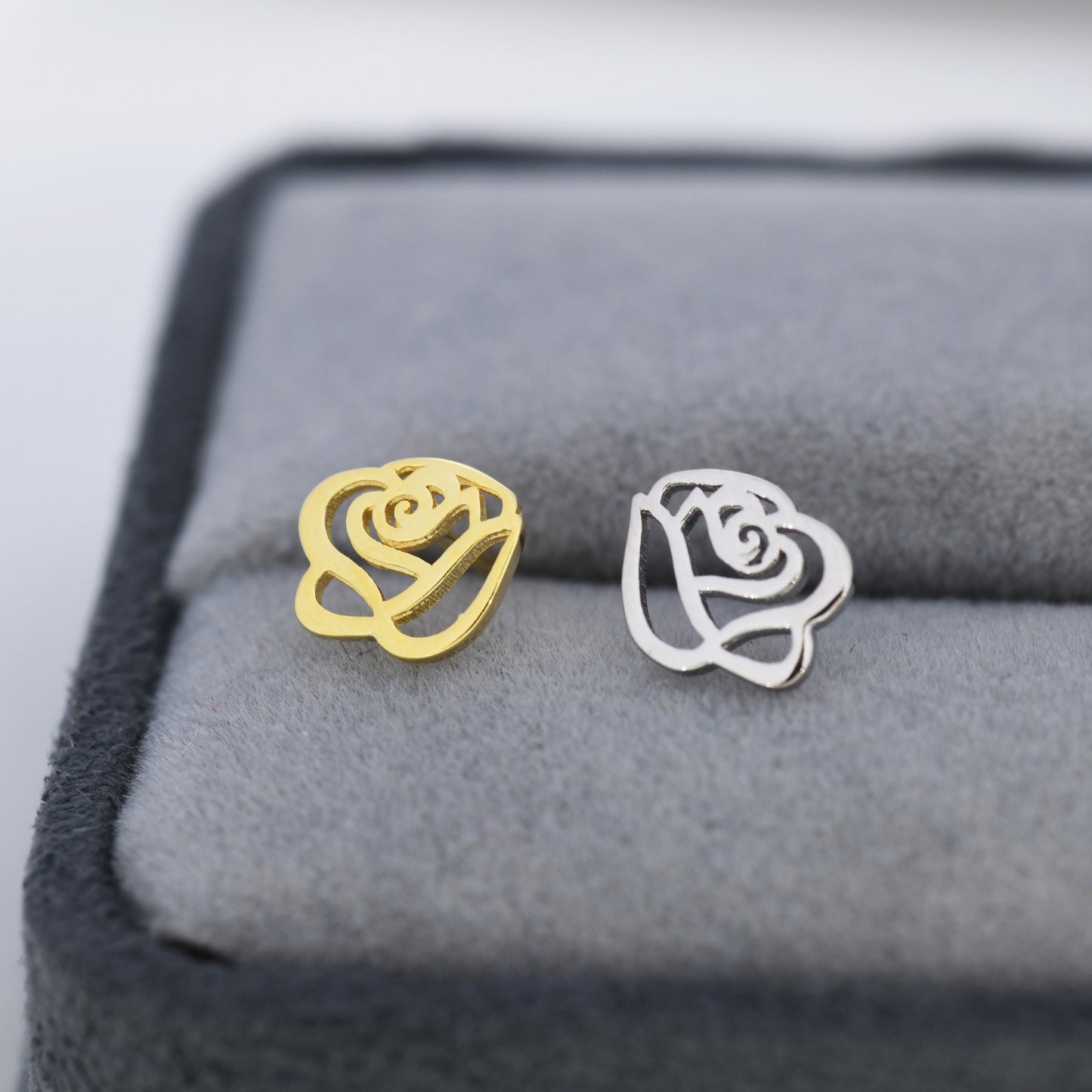 Cut-out Rose Flower Stud Earrings in Sterling Silver, Silver or Gold, Rose Earrings