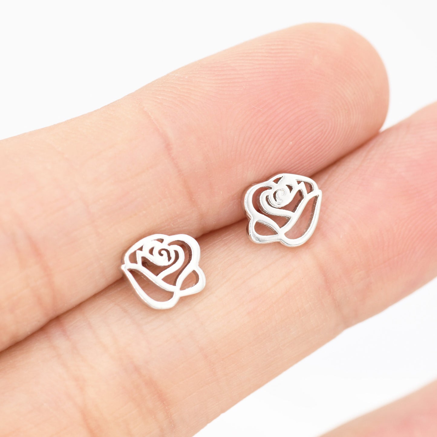 Cut-out Rose Flower Stud Earrings in Sterling Silver, Silver or Gold, Rose Earrings