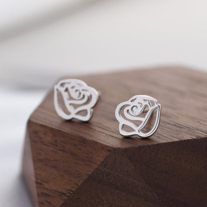 Cut-out Rose Flower Stud Earrings in Sterling Silver, Silver or Gold, Rose Earrings