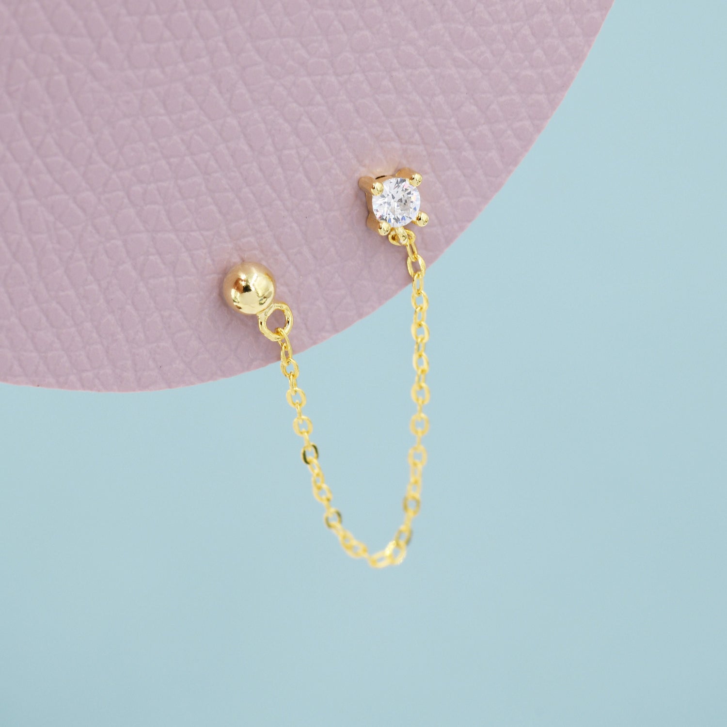 Sterling Silver Chained Earrings for Multiple Piercings, Silver or Gold, Ball and CZ Chained Earrings, Asymmetric Stacking Earrings