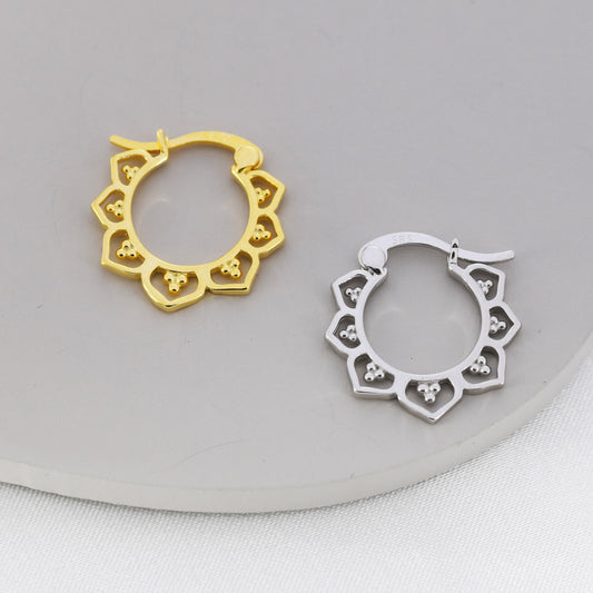 Lotus Flower Hoop Earrings in Sterling Silver, Silver or Gold, Vintage Inspired Design, Lace Hoop Earrings