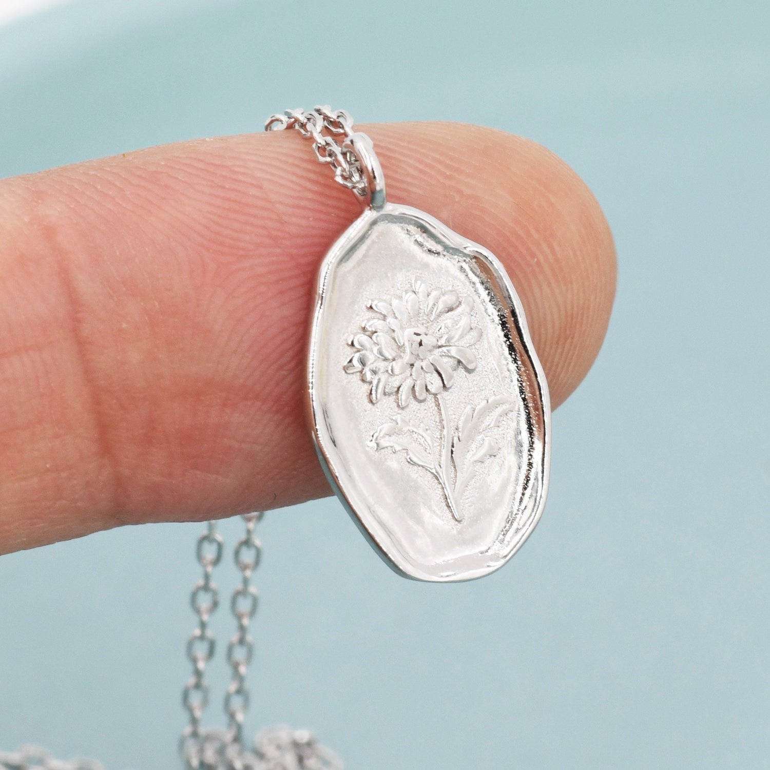 Chrysanthemum Birth Flower Oval Pendant Necklace